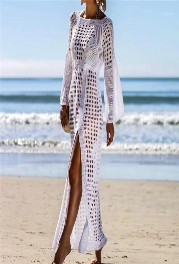 SARONGS 2021 크로 셰 뜨개질 흰 니트 해변 커버 업 드레스 튜닉 긴 비키니 UPS 수영 비치웨어 13711810