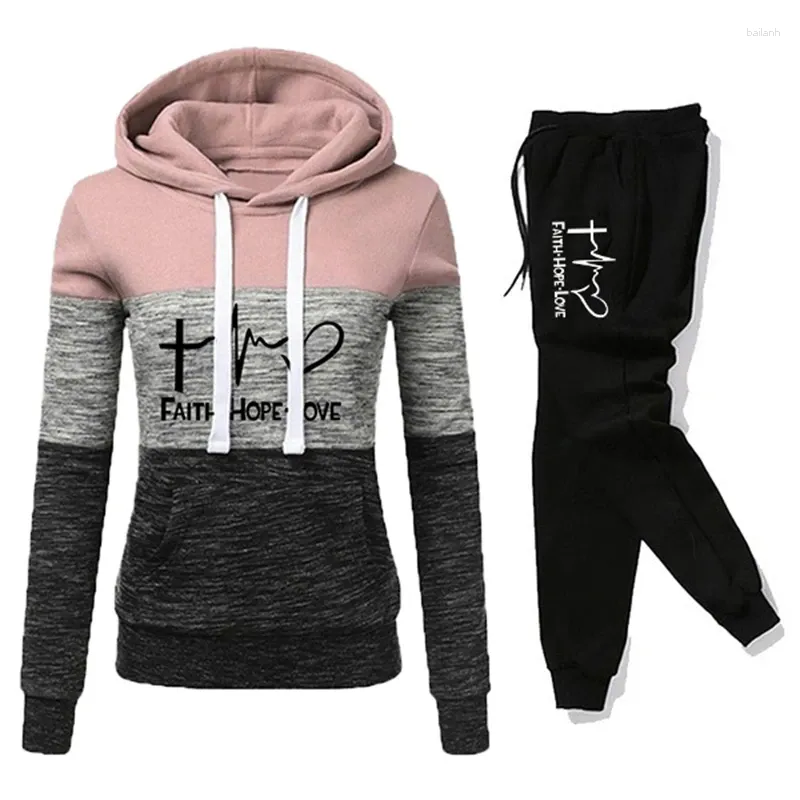 Kvinnors tvåbitar byxor Kvinnor Tricolor Hoodie Set Ladies Tracksuits Fashion Pullover Top och Long Jogging Trousers 2 st