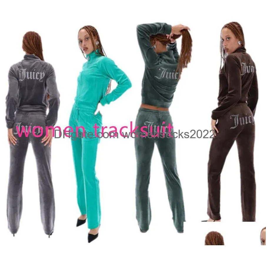 Kvinnors tvåbitar byxor Designer Kvinnor Kläder Kvinnor Suicy Tracksuits Veet Tracksuit Coutoure Set Track Suit Couture Juciy Coture D DHY5Z