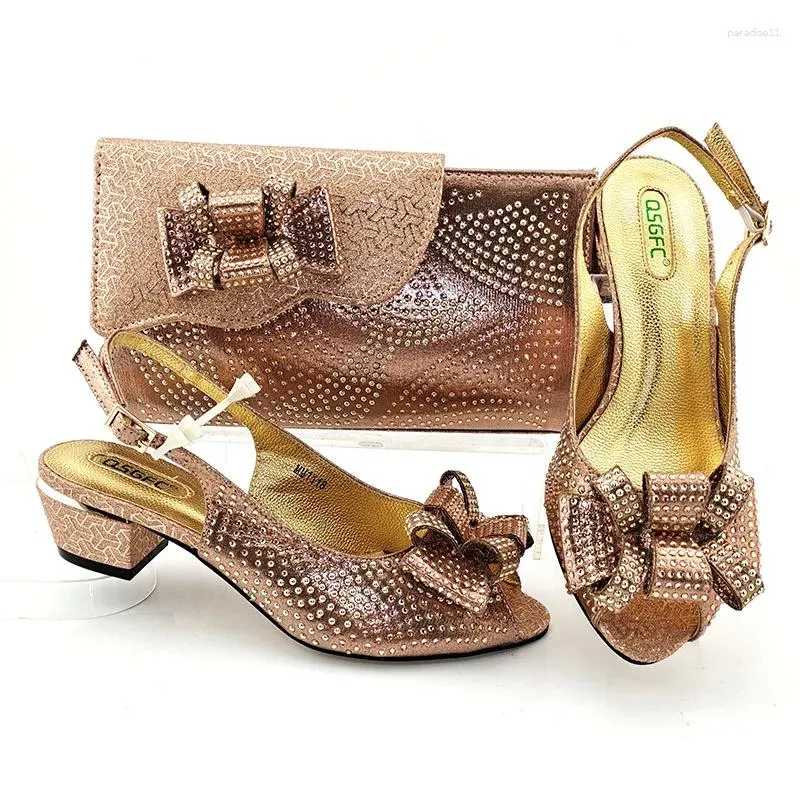 Dress Shoes QSGFC Arrival Italian Design Selling Peach Color Special Narrow Band And Cross-tied Style Women Heel Bag Set
