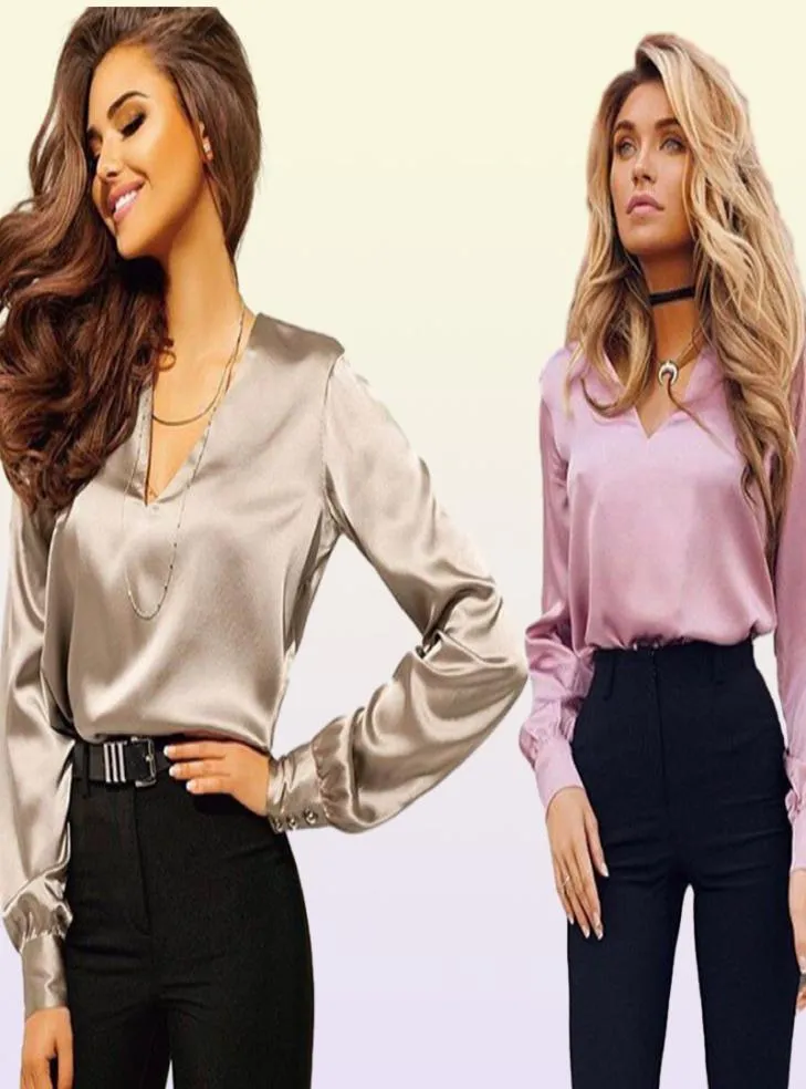 Autumn Fashion Women Shirts Casual Sexy Deep V-hals Satin Blus långärmad knapp is lady tops5378120