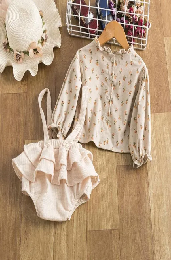 2Pcs Clothing Sets Vintage Baby Girl Clothes Set Summer Cotton Girls Floral Blouse Shirt Romper Dress Spring Newborn Outfits 1253070199