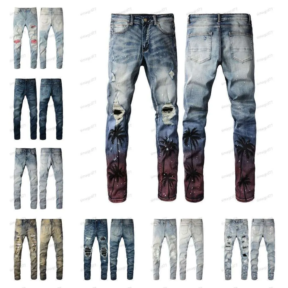 Projektant Amirs Męskie dżinsy High Street Purple Jeansy dla męskich spodni haftowania damskie Zakresy Red Patch Hole Denim prosta 2219 790