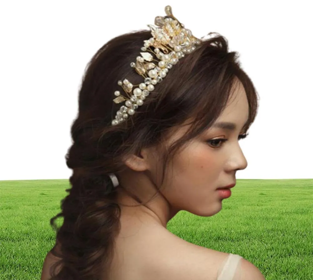 Gold Vintage Bridal Jewelry Headpiece Pearl Hair Accessories Crystal Hair Band headbands Bridal Crown Tiara Wedding Jewelry HT1217843822