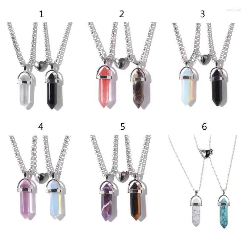 Pendant Necklaces 2x Natural Stone Hexagonal Column Necklace Heart Magnet Fashion Jewelry Gift For Women Birthday Decor