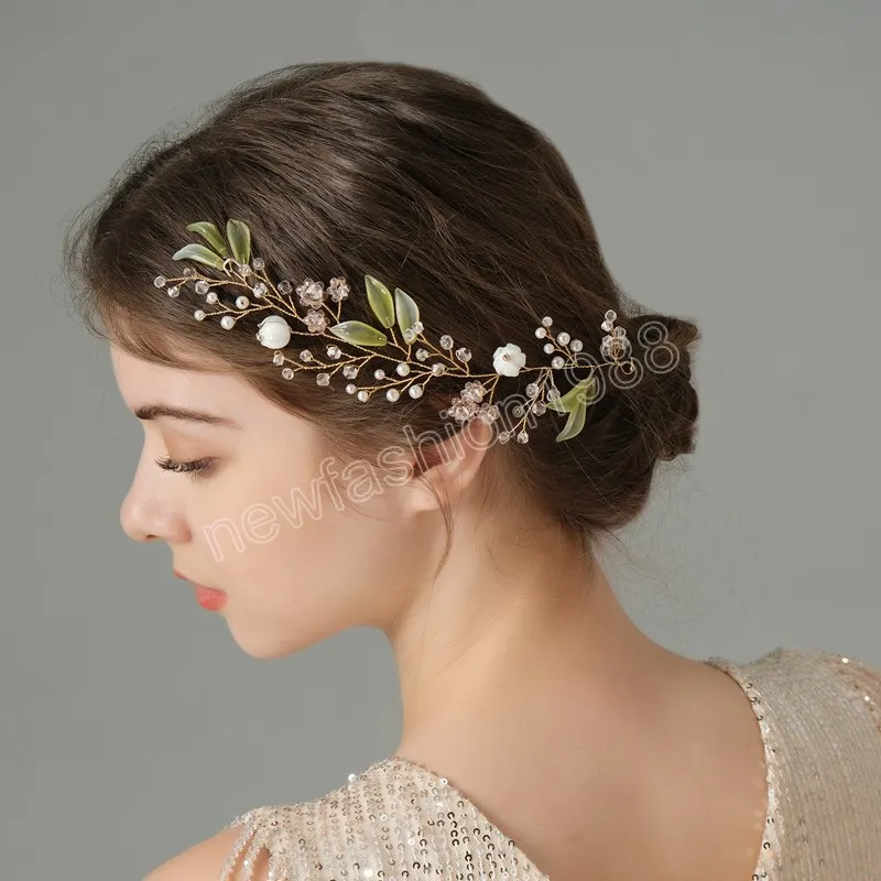 Green Leaf Hairband Bride Tiaras Headdress Pearl Floral Retro Crystal Hair Hoop Wedding Hair Accessories Sweet Side pin Jewelry