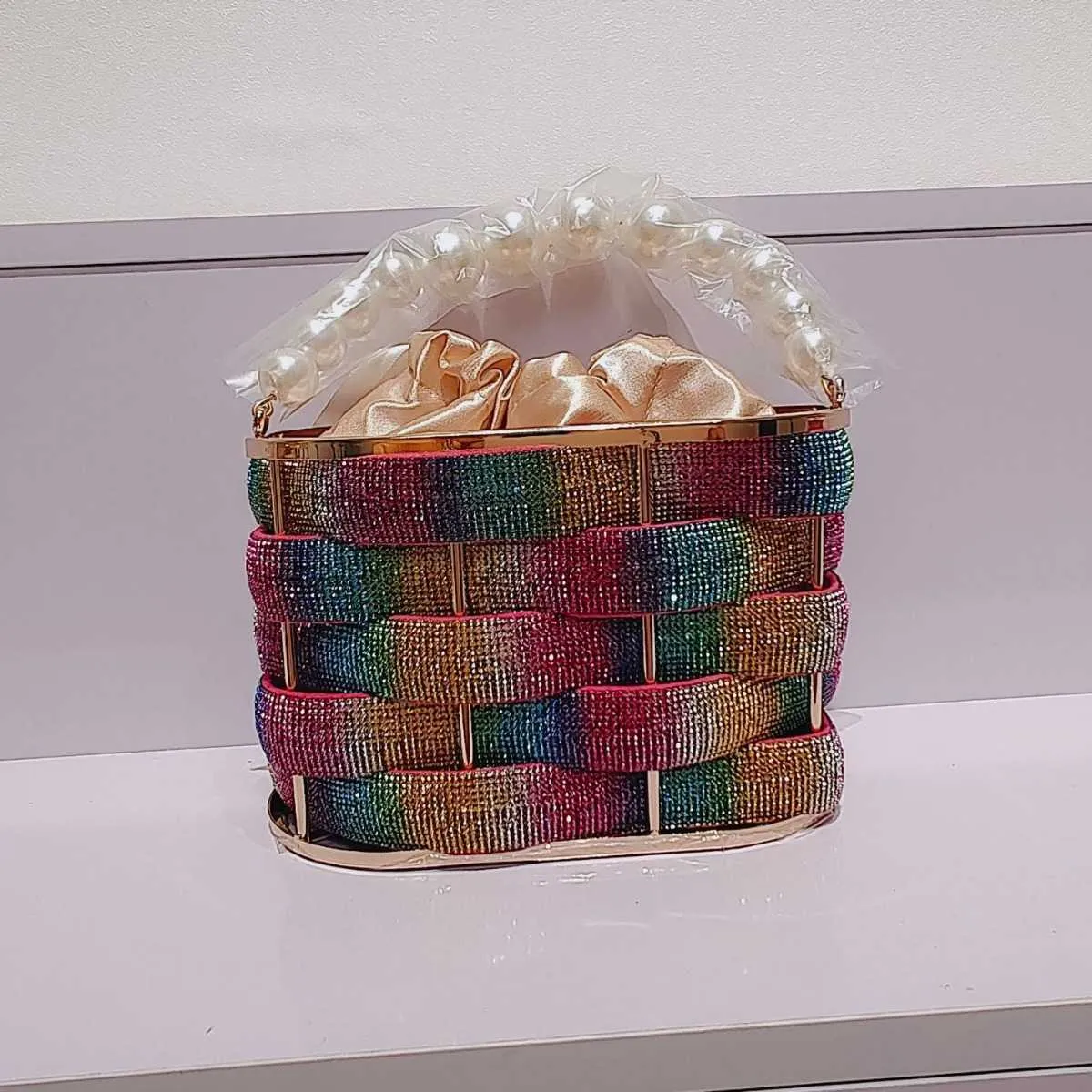 Bolsa de ombro portátil, cesta de tecido vegetal com diamantes metálicos brilhantes e coloridos, gaiola de pássaros, bolsa de jantar, balde de água, menina crossbody 240106