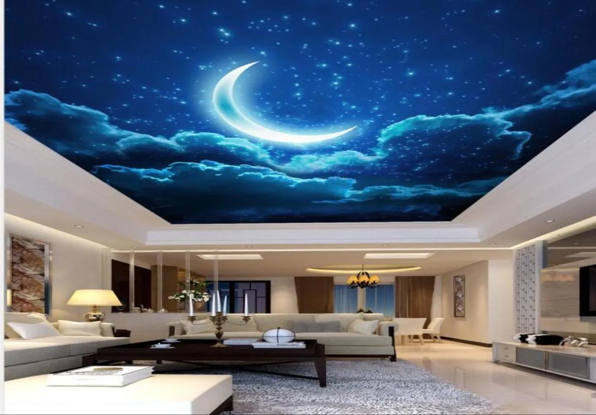Custom Murals 3D Ceilings Painting Style Night Sky Curved Moon Starry