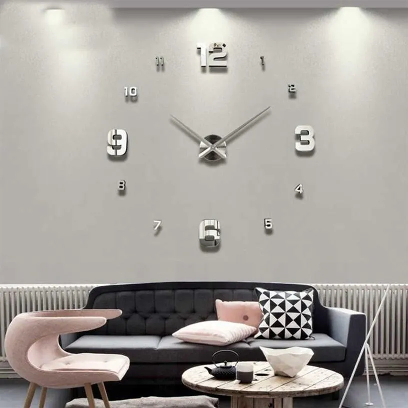 2021 Horloge murale Salon Grande horloge murale DIY Quartz Horloges Montres Acrylique Miroir Autocollants Salon Décor maison horloge murale X162i