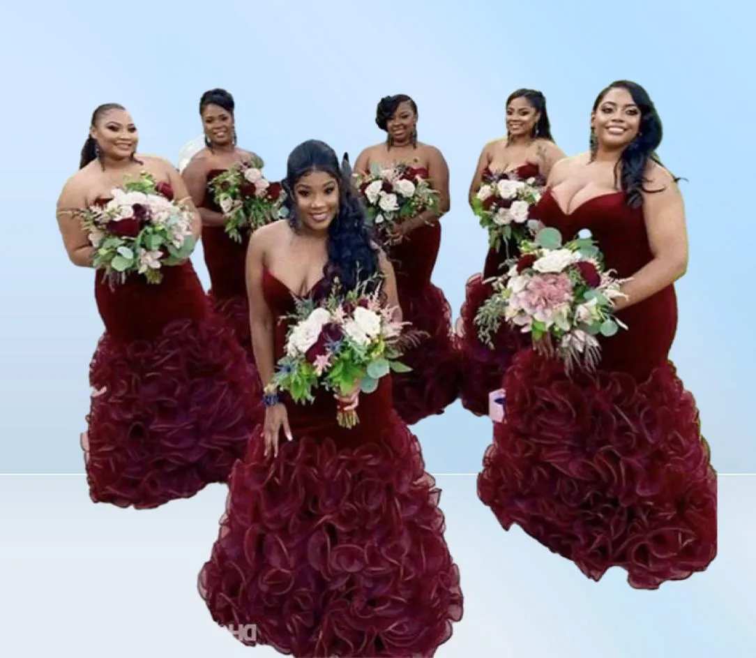 Burgundy Nedime Elbiseleri Organza Fırfır Afrika Pron Elbiseleri Düğün Konuk Dresses Tuzak Velvet Dantelek Arka Çıkmaz Akşam Dres28205845