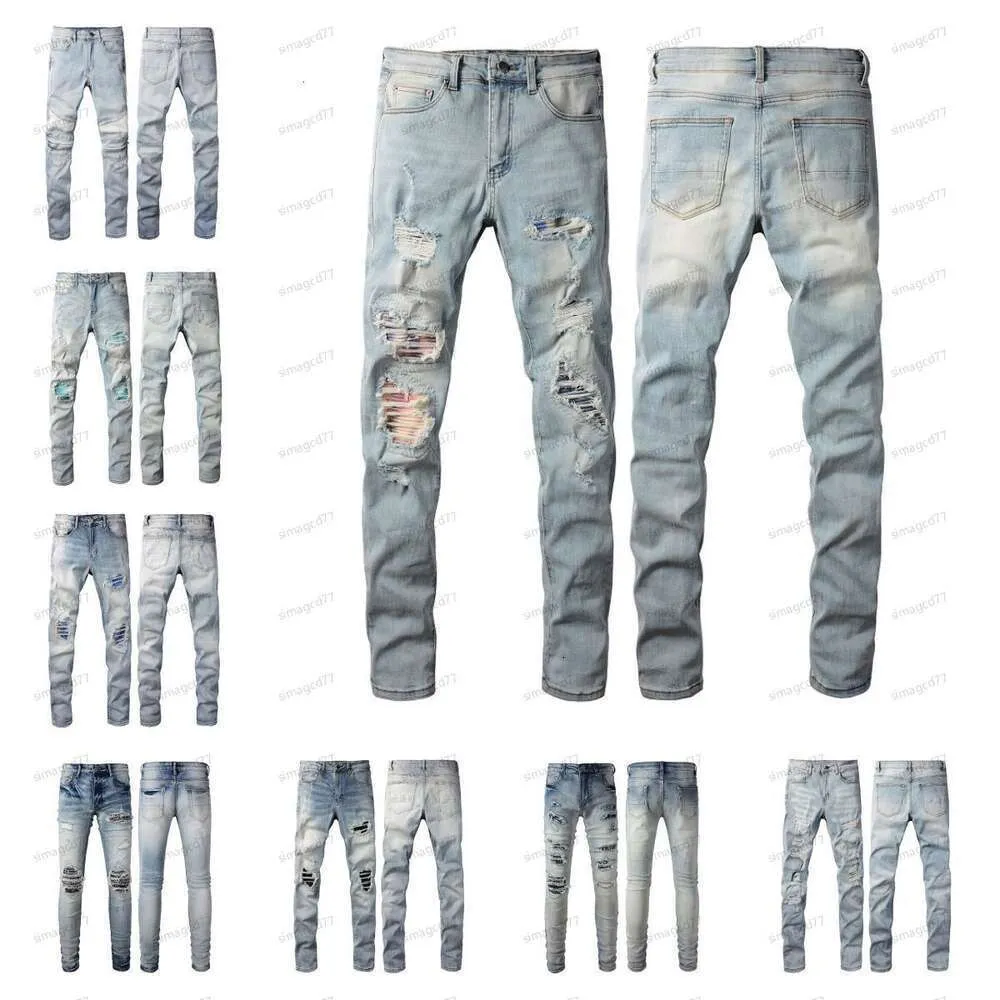 Diseñador Amirs Jeans para hombre para hombre High Street Jeans morados para hombre Pantalones bordados para mujer Oversize Ripped Patch Hole Denim Straight 5684 145