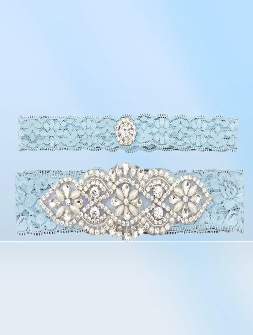 Blue Bridal Garters Crystals Pearls For Bride Lace Wedding Garters Belt Size från 15 till 23 tum Wedding Leg Garters Real PI4445469