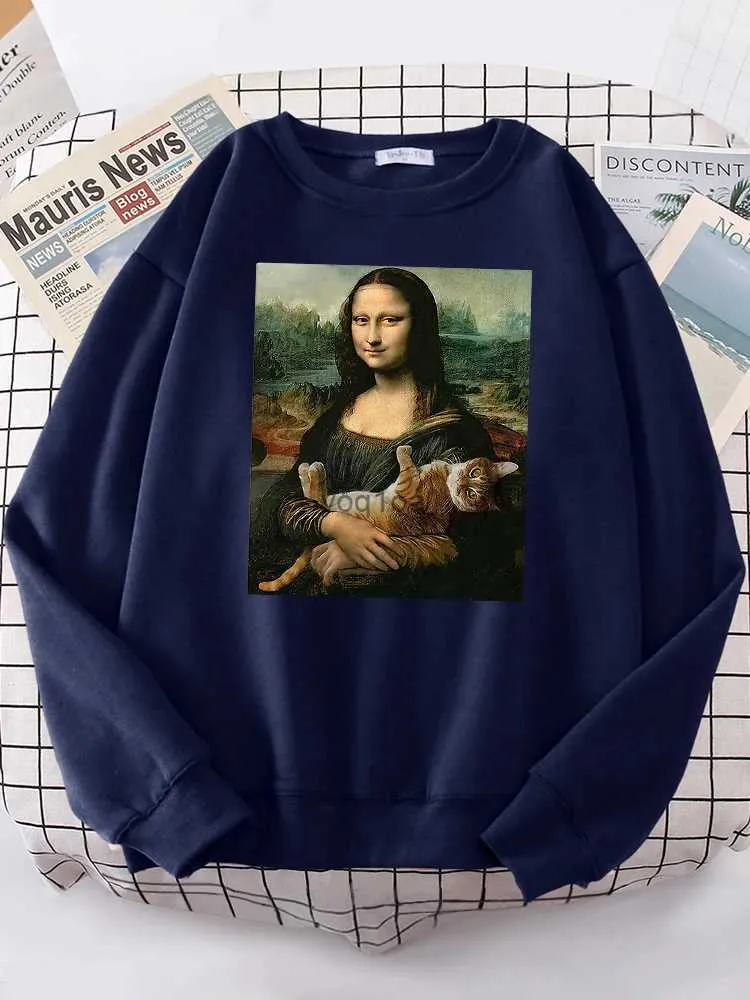 Damen Hoodies Sweatshirts T-Shirts Mona Lisa Hugging Cat Kawaii Female Hoodies Mode Lässig Hoodie Oversize Lose Sweatshirts Warme Fleece-Kleidung Damen