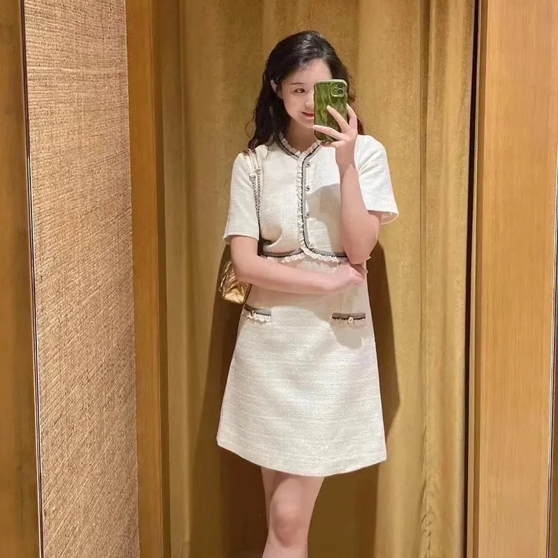 Sandro Dress: Tweed A Line Mini Dress Single Breasted Short Sleeve