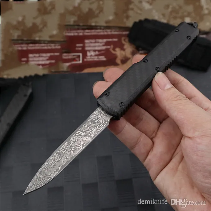 US Style UT88 Damascus Double Action Automatisk taktisk kniv från den främre 150-10 UT85 BM 3400 4600 9600 Kolfiber Aviation Aluminium Camping Pocket Knives Exocet