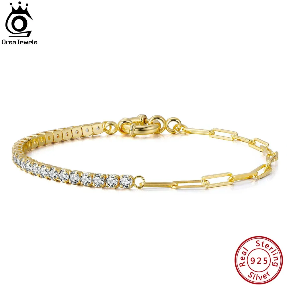 ORSA JEWELS 14K Gold Plated 925 Sterling Silver Handmade Paperclip Chains with Cubic Zirconia Tennis Bracelet For Women SB119 240105