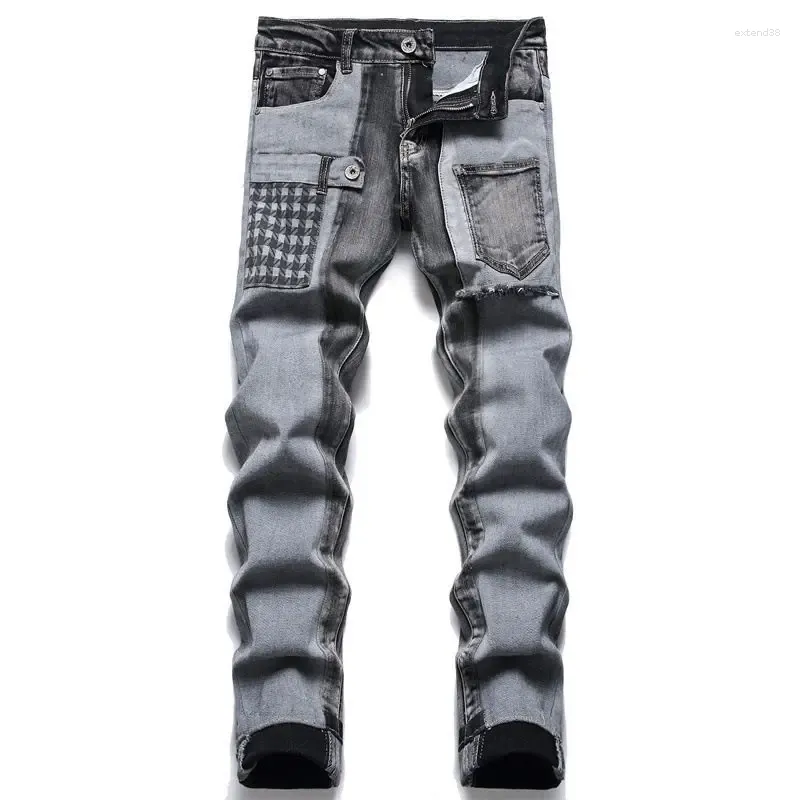 Jeans masculinos 2024 chegadas retalhos outono inverno moda casual calças coreano roupas de luxo homens cinza designer lavado