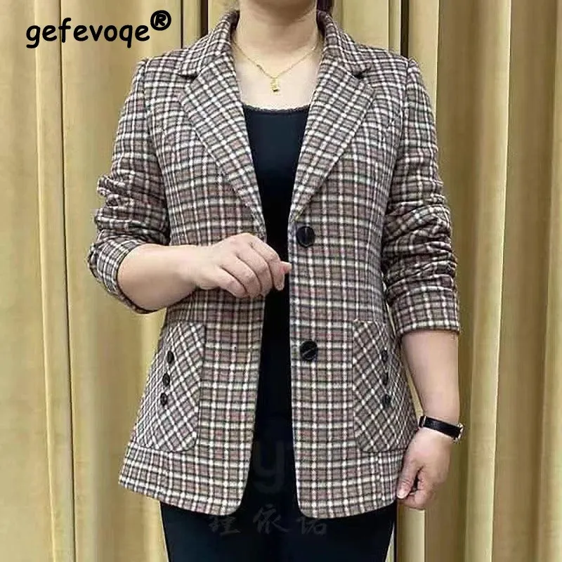 Femmes d'âge moyen vêtements printemps automne Vintage décontracté Plaid bouton Blazer veste dames élégant à manches longues costume ample manteau 240105