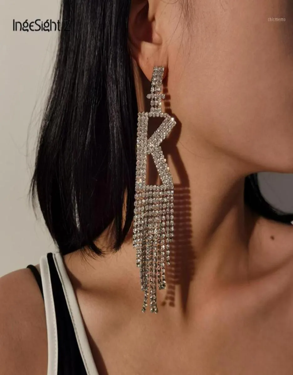 IngeSightZ Luxury Shiny Rhinestone Alphabet Initial Letter A Drop Dangle Earrings Crystal Long Tassl Earrings for Women Jewelry18665587