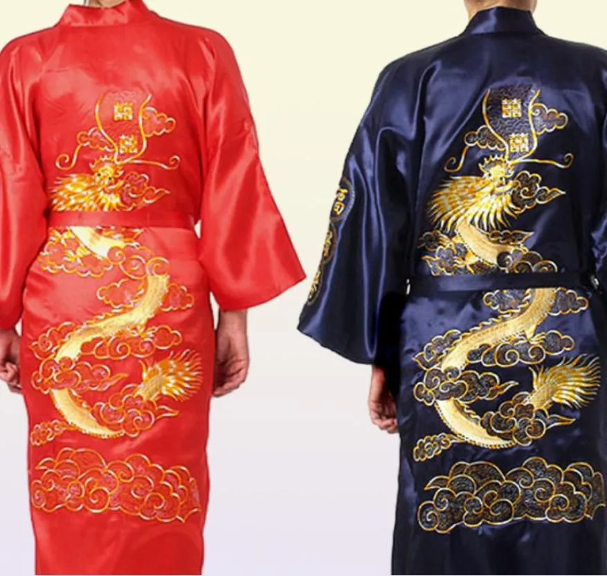 Traditional Embroidery Dragon Kimono Yukata Bath Gown Navy Blue Chinese Men Silk Satin Robe Casual Male Home Wear Nightgown7973638