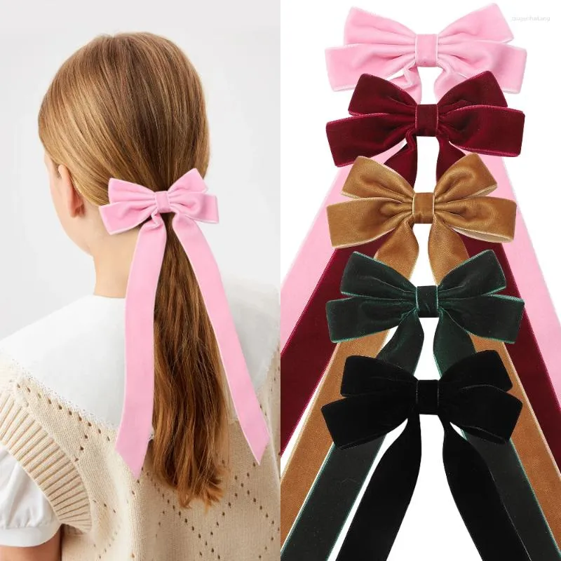 Hair Accessories 4.5" Velcet Bow Baby Clips Long Tails Girls Bowknot Hairpins Kids Velvet Barrettes Hairgrips Headwear