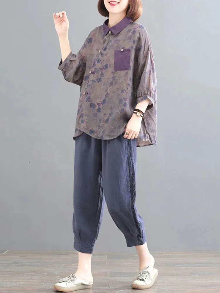 2 Piece Sets Women Casual Pant Suits Arrival Summer Vintage Style Cotton Linen Female Casual Shirt And Harem Pants D526 240105