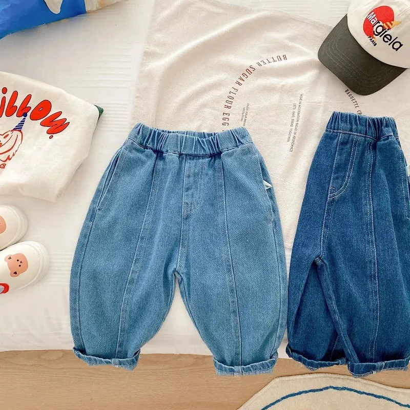 Crianças jeans 17 anos da criança menino menina macio denim calças compridas cintura elástica cor sólida harem pant calças outono roupas 240106