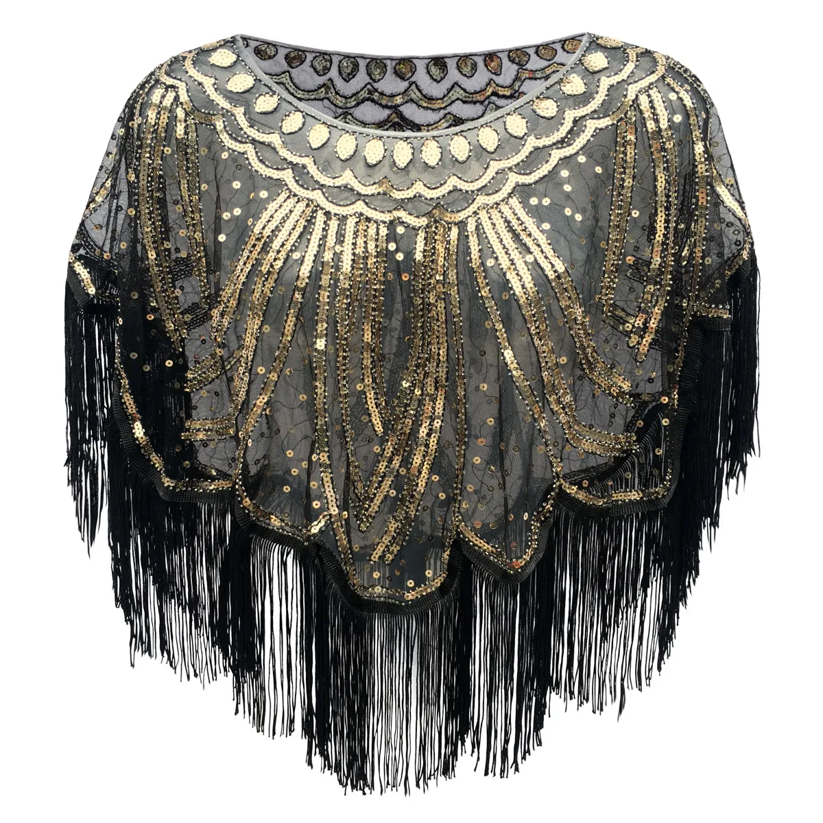 Europeiska och amerikanska 1920 -talets retro aftonklänning Tassel Sequin Shawl Ball Dress Outer Cape Cape Women's Top