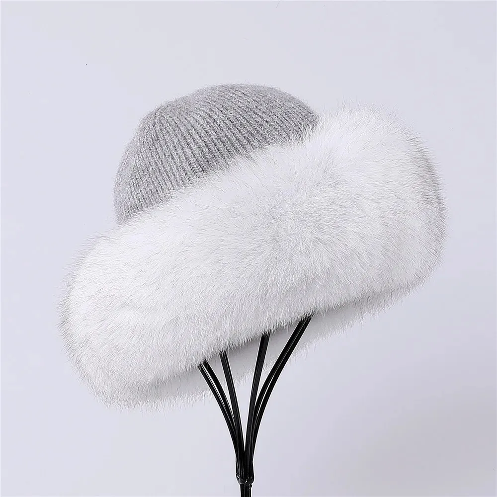 Gorro de malha angorá feminino com corte de pele de raposa boné de balde chapéus forro de lã 240106