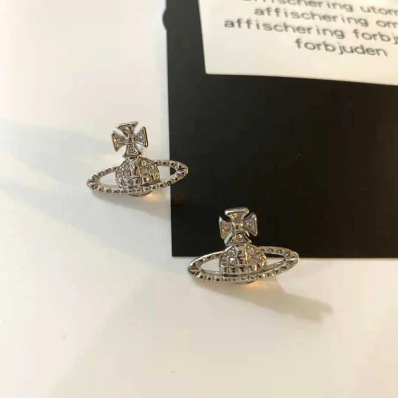 Studörhängen Western Empress Dowager Silver Saturn Vatten droppar Långt mousserande Diamond Crystal Ear Studs Klipp Två Wear Style Fashion för kvinnor smycken BG37