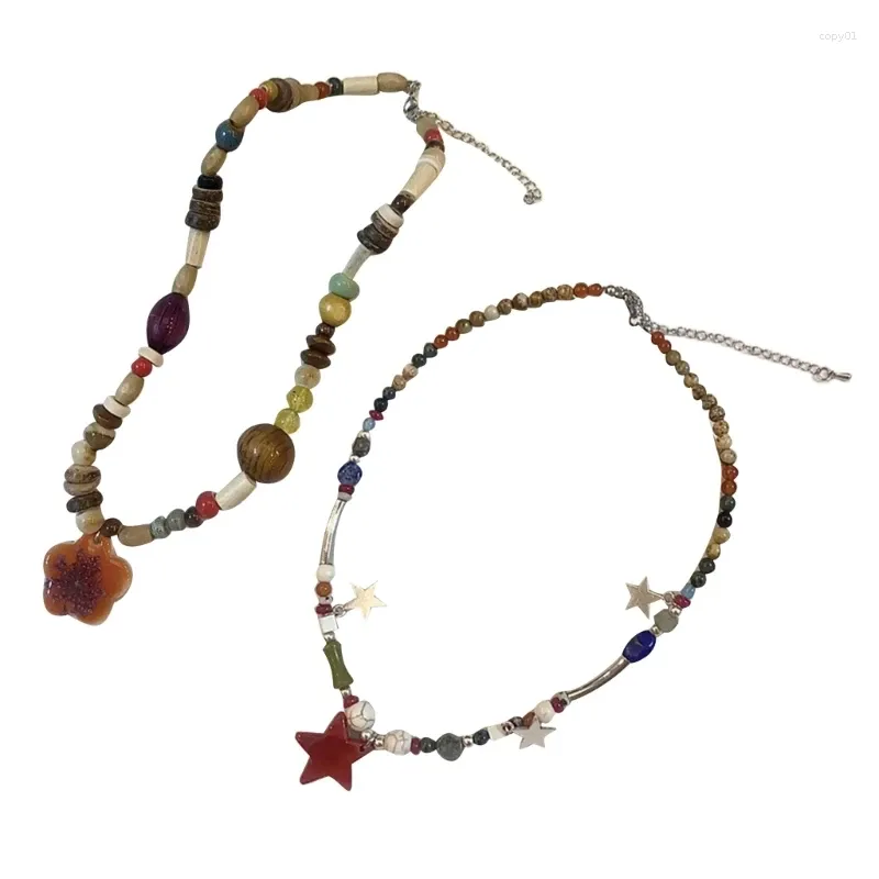 Ожерелья с подвесками в этническом стиле, ожерелье из бисера с цветочным принтом, регулируемая цепочка на ключицы, очаровательные украшения в виде звезды, украшения для шеи для женской повседневной одежды