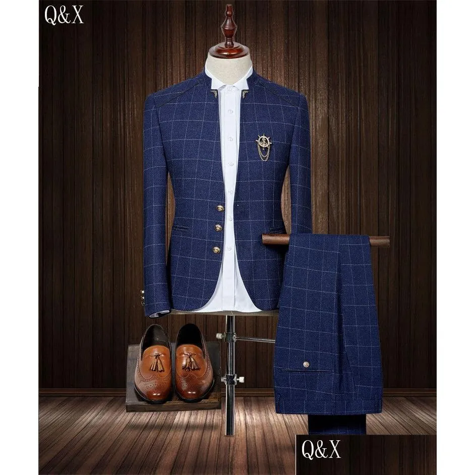 Men'S Suits Blazers Wholesale- Ms50 Standard Collar Classic Custom Made Men Suit Gentleman Style Tailor Slim Fit Wedding For Drop Dhyih