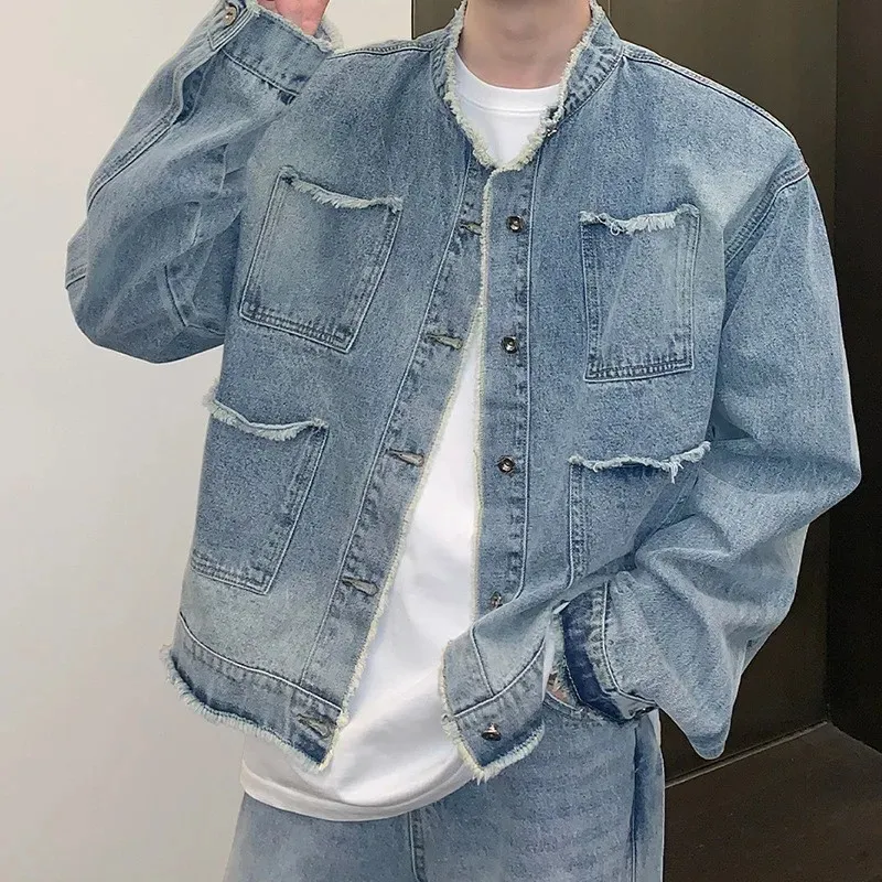 2023 Men's Casual Washed Denim Jacket Streetwear Ripped Stand Collar Structure Korean Harajuku Retro Long Sleeve Luxury Coat 240105