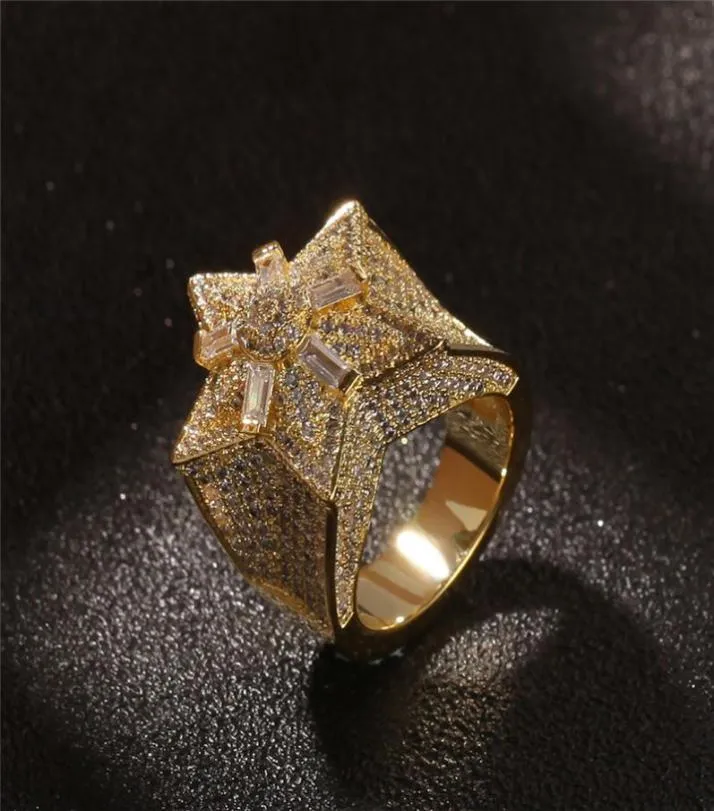 Hiphop Star Rings Erkekler için Bling Kübik Zirkonya Ice Out Hip Hop Altın Yüzük Marka Jewelry5276698