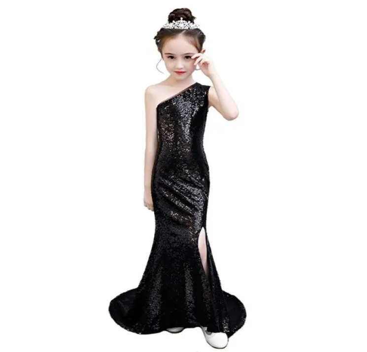 Black Sequin Mermaid Dress Age för 314 år Teenage G16S Oneshoulder Vintage Graduation Gowns Evening Party Kids Frocks 2107274586127