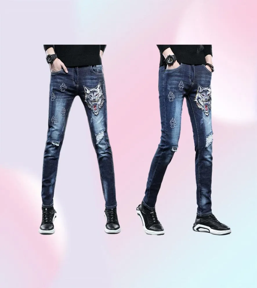 Nieuwe 2021 Merk Designer Gescheurde Jeans Mannelijke Wolf Hoofd Luxe Borduren Skinny Jeans Mannen Mode Slanke Knappe Casual Lange Broek38868368948