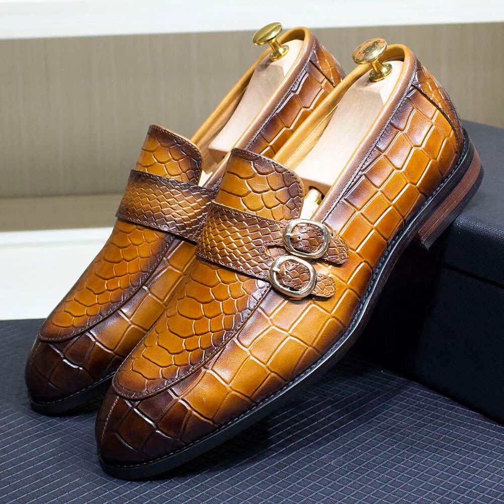 Mocassins masculinos de couro genuíno, slip-on, festa de casamento, fivela dupla formal, sapatos sociais com estampa de crocodilo para homens