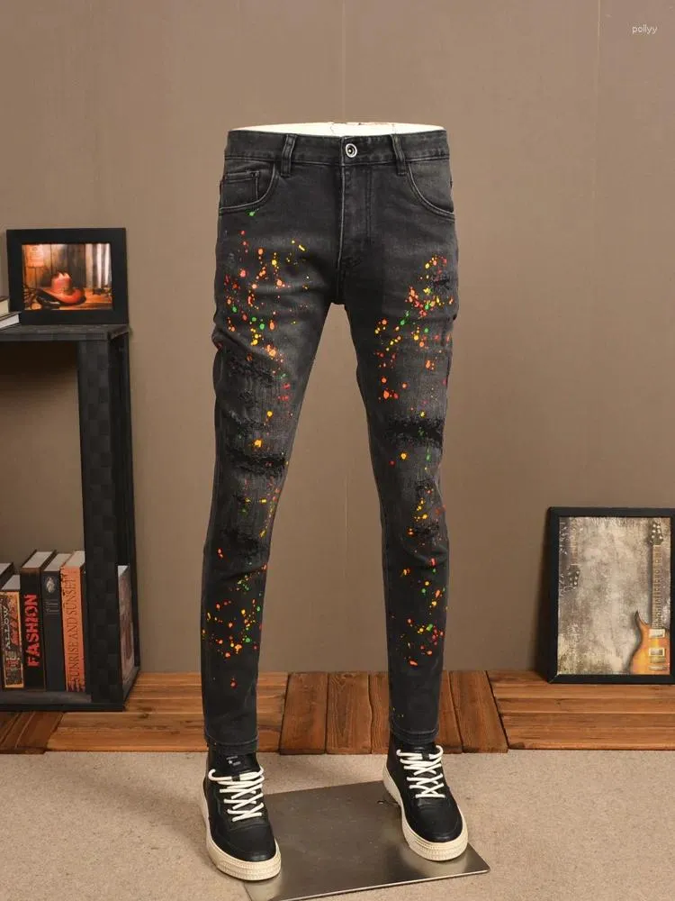 Men's Jeans Black Ripped Paint Design Stretch Slim Fit Skinny High Street Ruan Shuai Splash Patch Motorcycle Trousers