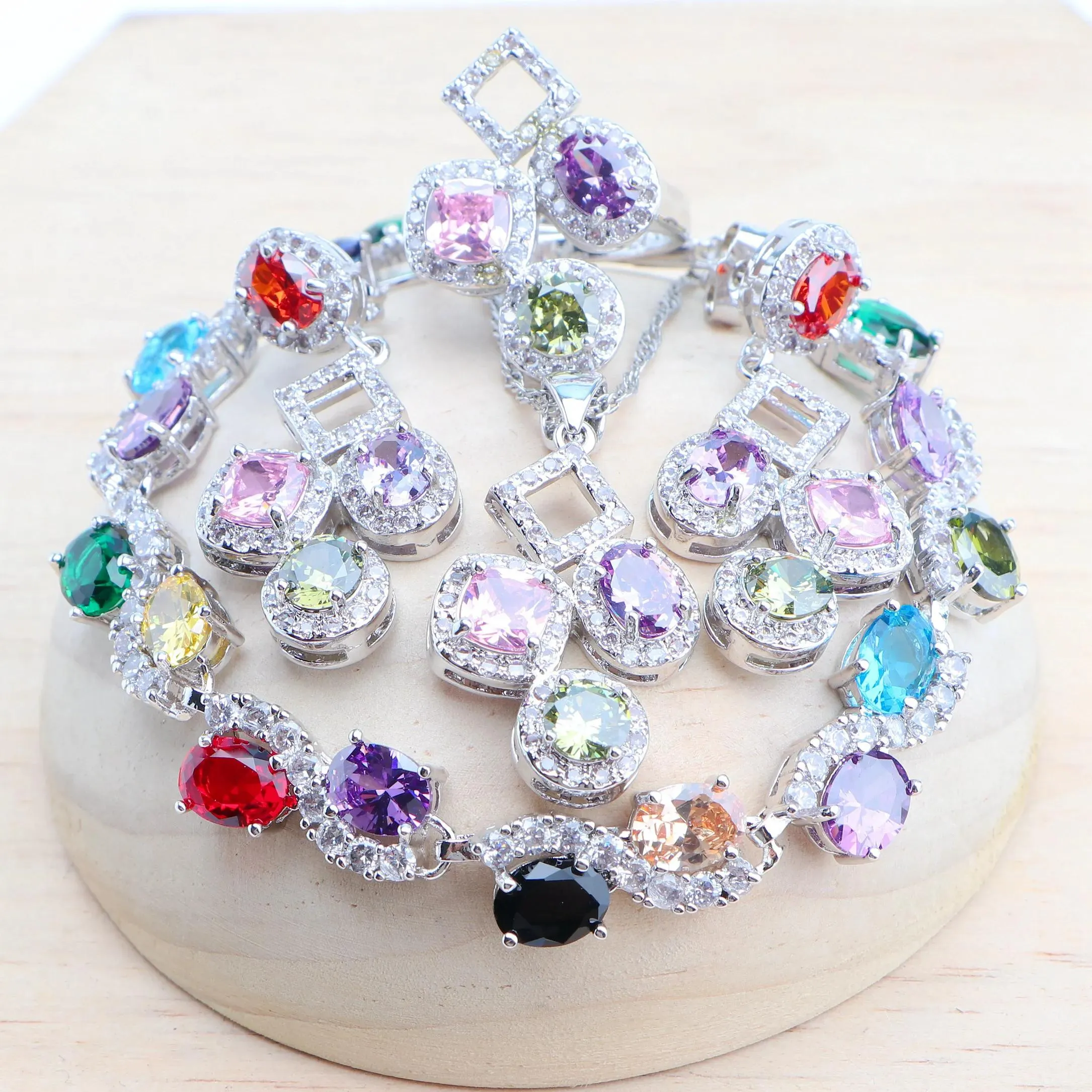 Naszyjniki kolorowe zestawy biżuterii z cyrkonią sier biżuteria ślubna dla kobiet kolczyki ślubne kamienie pierścienie Pendant Naszyjnik