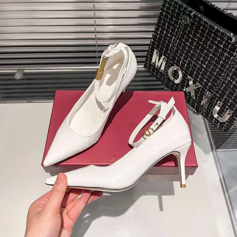 Fashous Femmes Sandales Escarpins Parfait Un Goujon Bouton En Métal Italien Classique Bouts Pointus Clare Sling Cuir Blanc Designer Fête De Mariage Sandale Talons Hauts Boîte EU 35-42