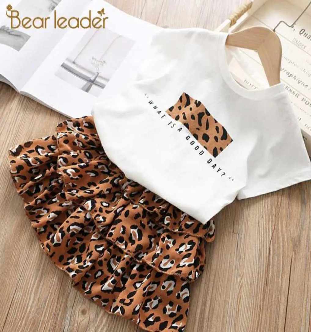 Bear Leader, детская одежда для девочек, новинка 2020 года, летняя одежда с леопардовым принтом для девочек, модная футболка и многослойное платье, комплекты одежды из 2 предметов, 37Y1625258