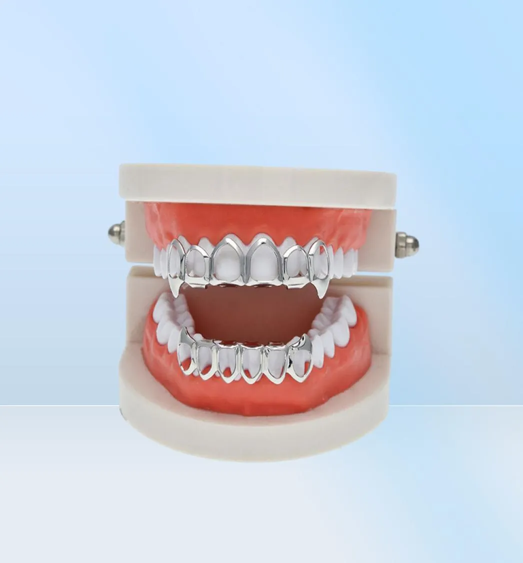 New Hip Hop Custom Fit Grill Six Hollow Open Face Gold Mouth Grillz Caps Top Bottom With Silicone Vampire teeth Set2946407