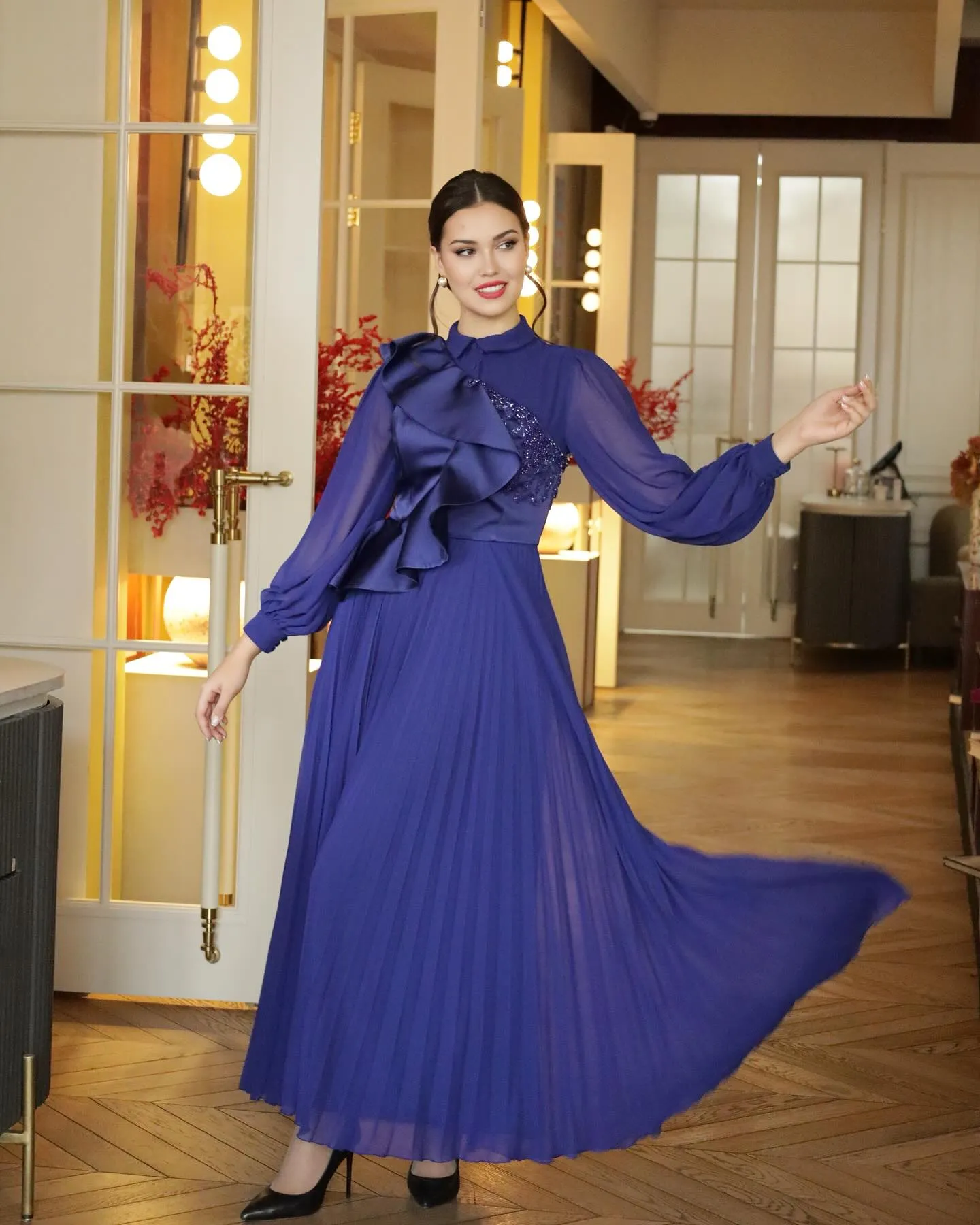 Vintage Long Purple Evening Dresses High Neck Beaded Chiffon Full Sleeves A Line Pleated Ankle Length Custom Made for Women Party Gowns