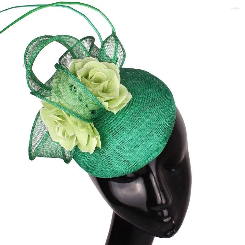 Bérets 4 couches casque de mariage vert Cocktail Fascinator chapeau pour femme course cheveux accessoires bandeaux avec des fleurs