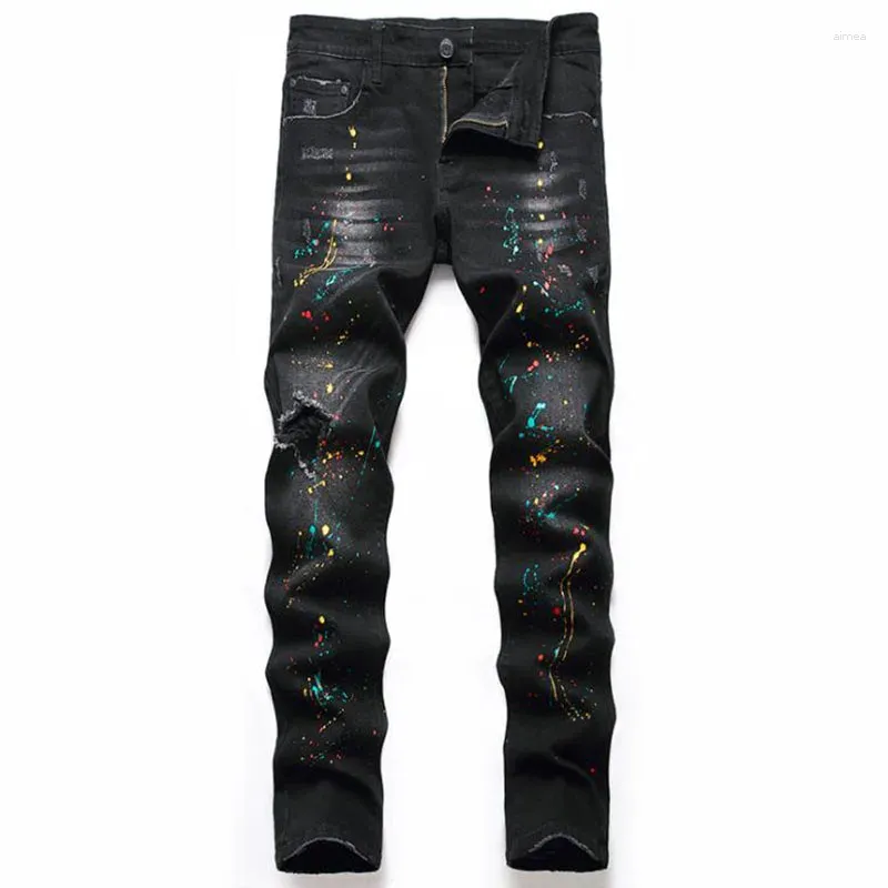 Jeans pour hommes 2024 Haute Qualité Hommes Casual Peinture noire Slim Straight Hole Biker Automne Jean Homme Homme Denim Pantalon Plus Taille 42