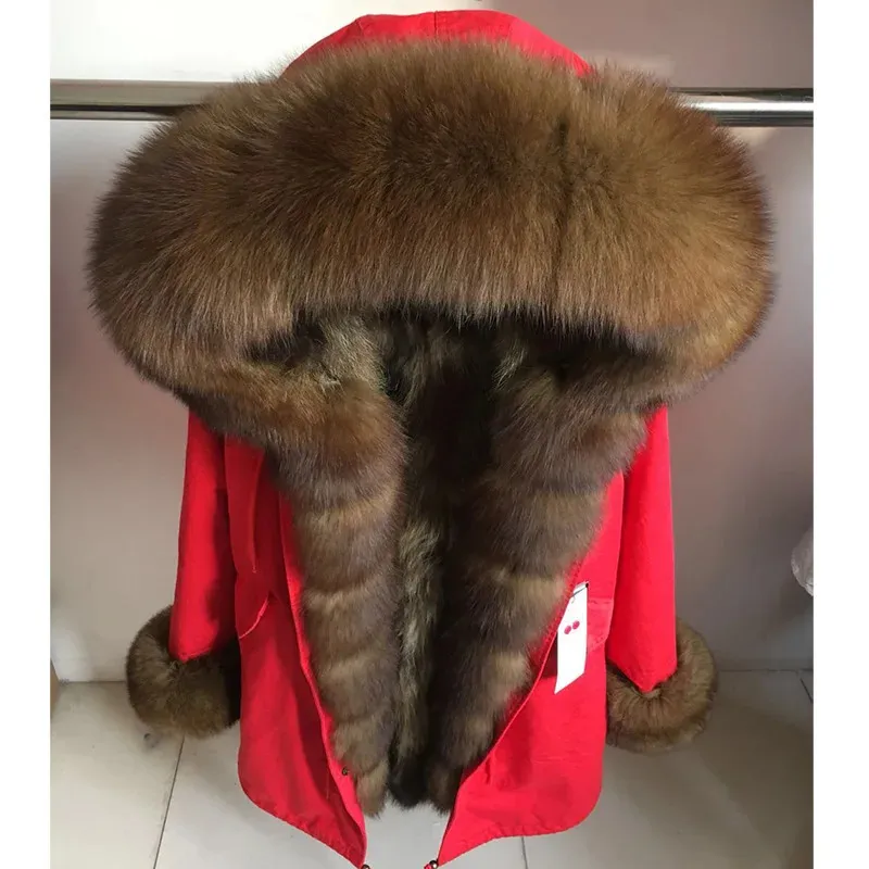 Maomaokong vinterkvinnor Real Fur Coat Natural Raccoon foderjacka lång huva med stor päls krage tjock varma svarta parkor 240105