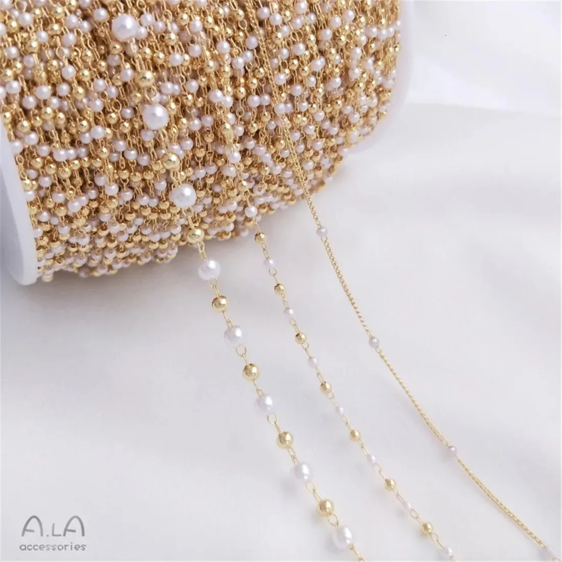 14K Real Gold Bead Imitation Pearl Chain Handmade DIY Bracelet Necklace Jewelry Loose B655 240106