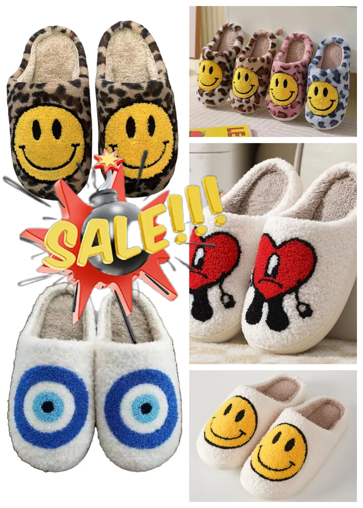 Hot sale Winter Women Slipper Smile Face Pattern Women Fur Slippers Cute Cartoon Warm Plush Couple Shoes Indoor Autumn Men Fluffy Slide 37-46