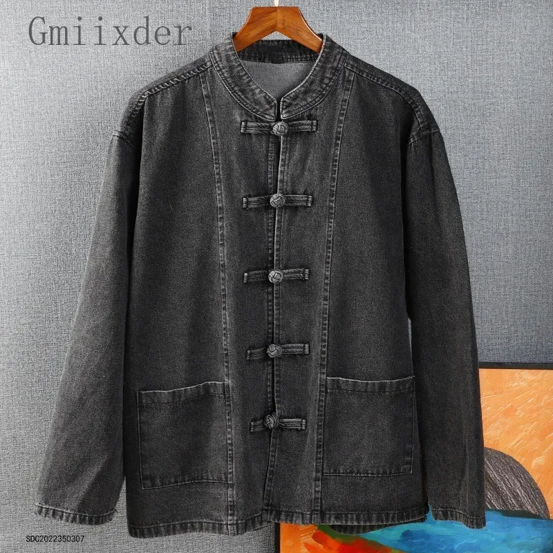 Gmiixder printemps hommes surdimensionné Denim chemise solide gris foncé à manches longues col montant Blouse lavé rétro chinois boucle veste 240105