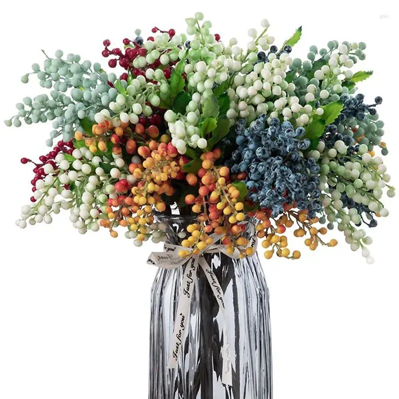 Decorative Flowers Artificial Berry Branch Bouquet Garland Accessories Blue Berries Stems Foam Fake Plants For Home Christmas Decoration